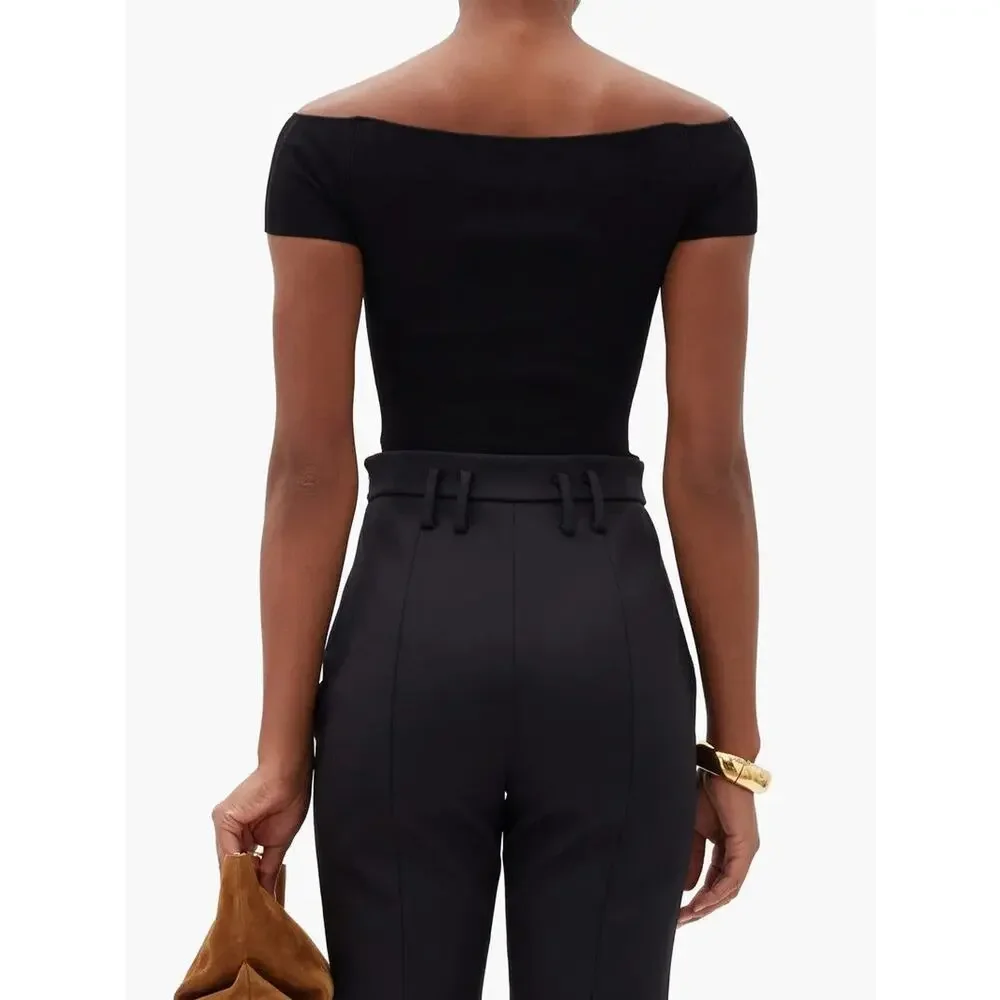 KHAITE Talie Off-The-Shoulder Cutout Jersey Bodysuit - XS - Black